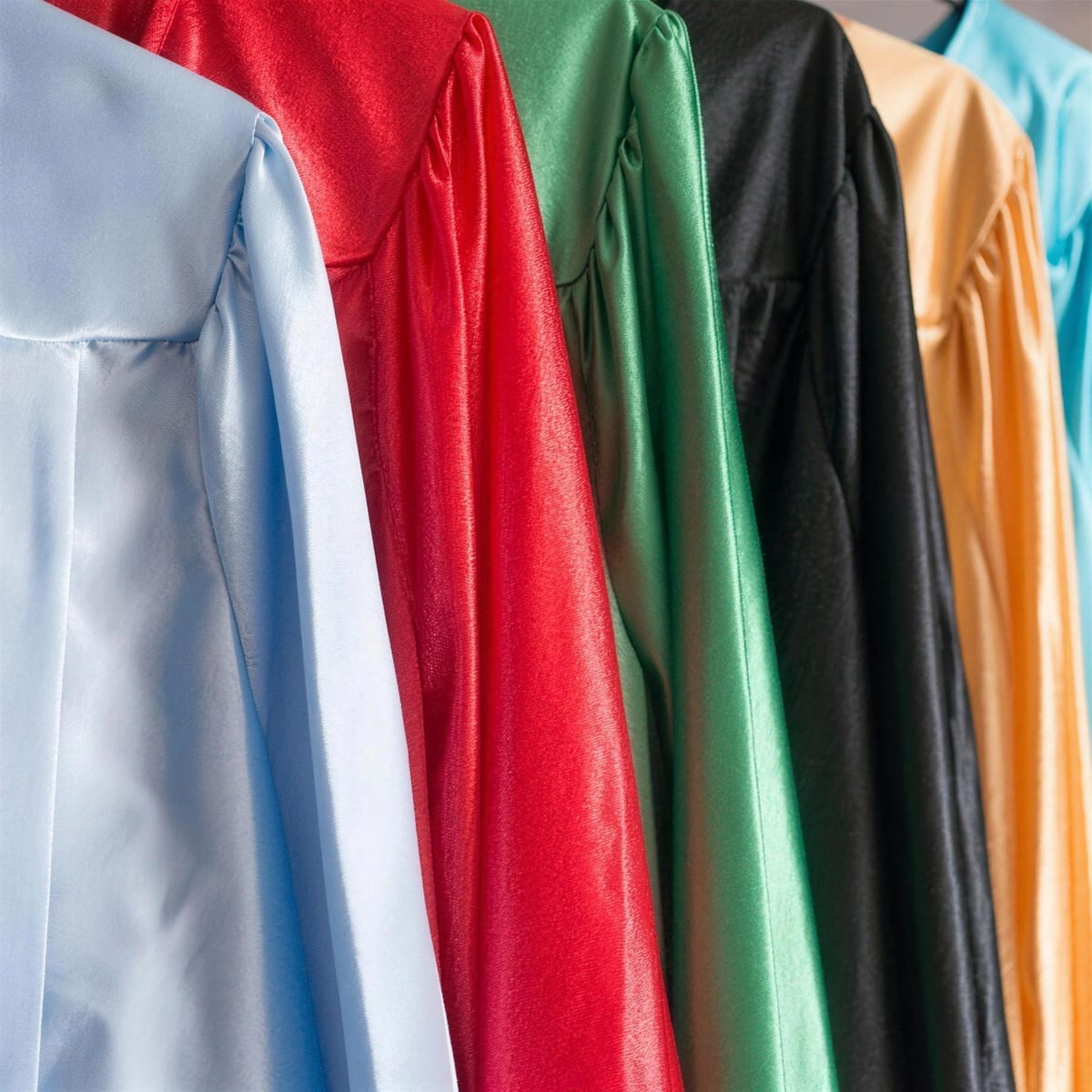 Togas de graduación en seis colores colgadas en percha