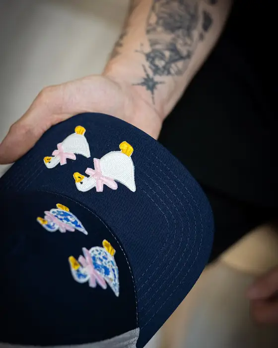 Gorra azul marino con parches bordados en la visera, en la mano